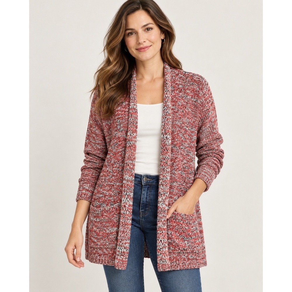 J. Jill Pink Marled Open Front Cardigan Sweater Large 100% Cotton Geranium NWT